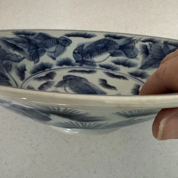 Chinese Antique Blue and White Light Blue Porcelain Bowl w/ Koi Goldfish Pattern - Picture 8 of 14